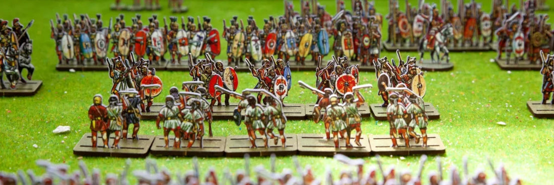 Tabletop recreation of the Battle of Zama where Scipio Africanus defeated Hannibal and secured Rome's future.