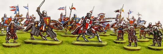 Mounted knights and crossbowmen clash in a High Middle Ages tabletop battle