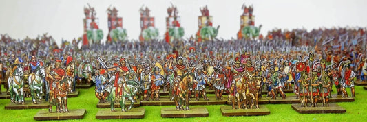 Large tabletop miniature army depicting ancient infantry in tight phalanx formation with shields locked and spears leveled
