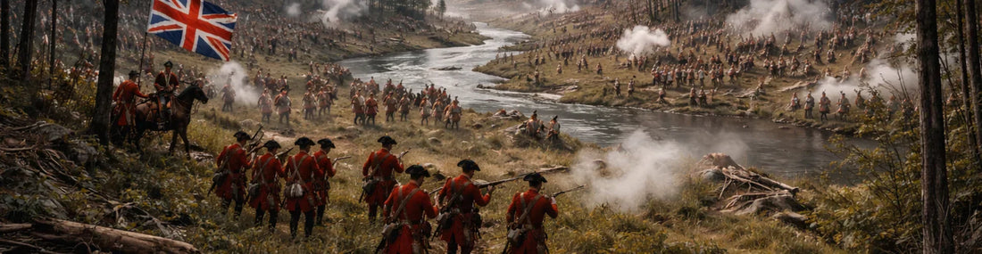 British redcoats moving through forest terrain during the French and Indian War (1754–1763)
